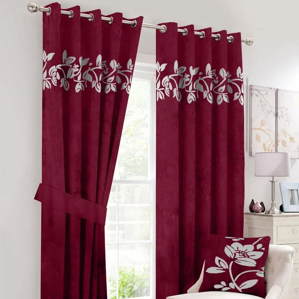 2 Pieces Luxury Floral Velvet Curtains Deep Red Wine