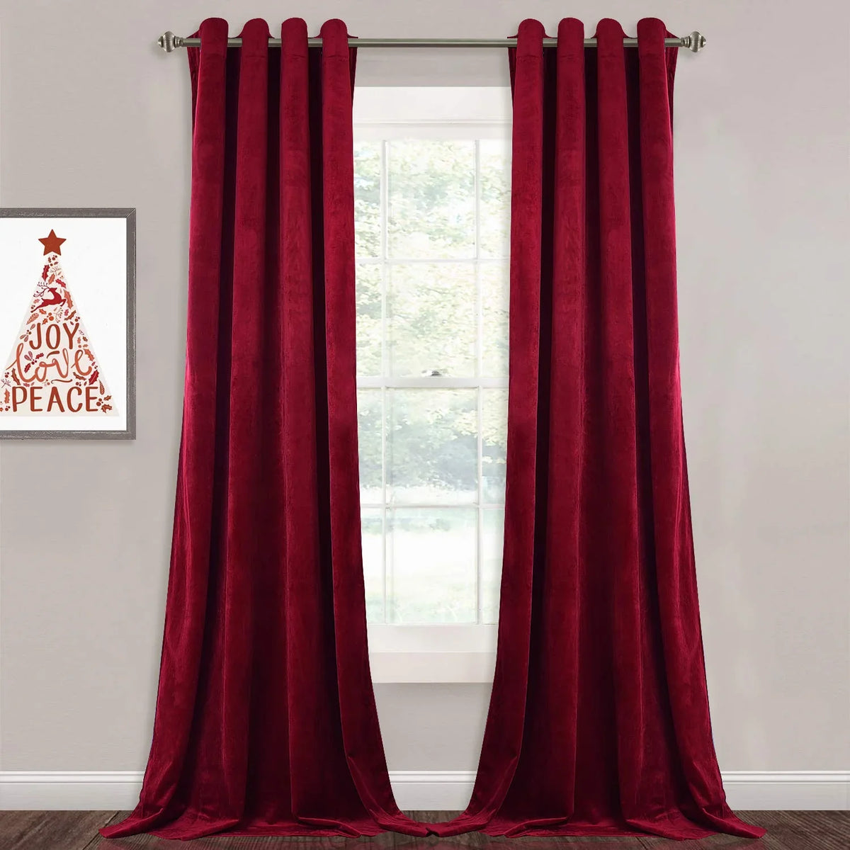 2 Pieces Plain Soft Velvet Eyelet Curtains - Red Vine