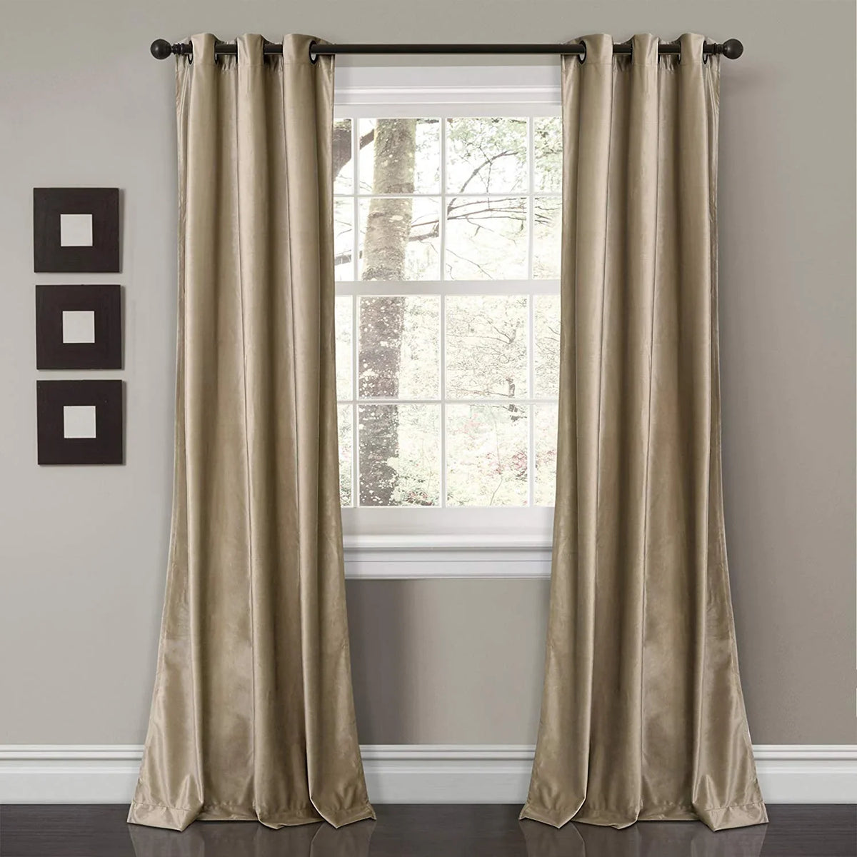 2 Pieces Plain Soft Velvet Eyelet Curtains - Beige