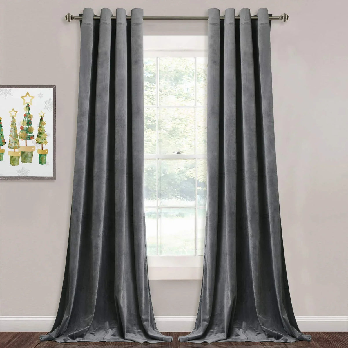 2 Pieces Plain Soft Velvet Eyelet Curtains - Charcoal Grey