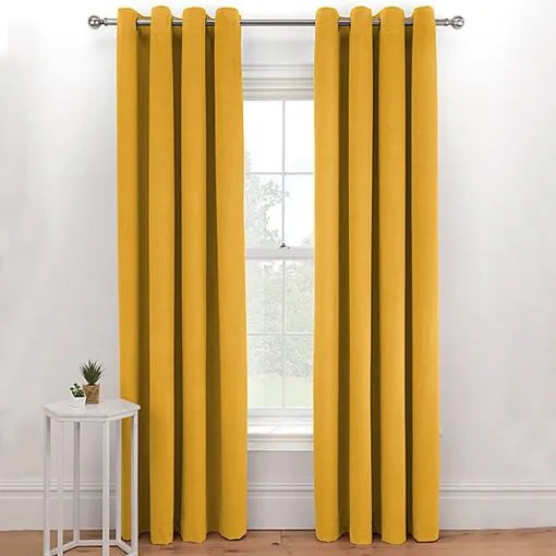 2 Pieces Plain Soft Velvet Eyelet Curtains - Mustard Yellow