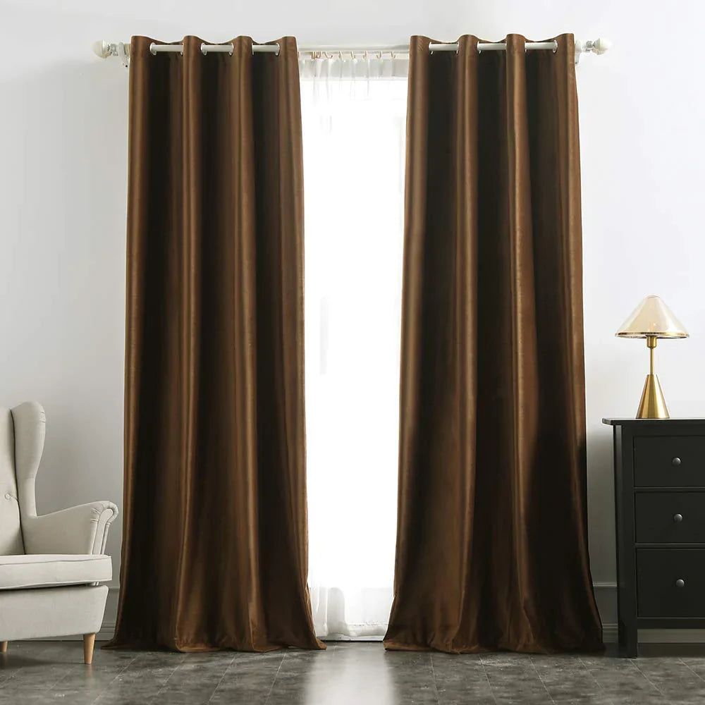 2 Pieces Plain Soft Velvet Eyelet Curtains - Chocolate Brown