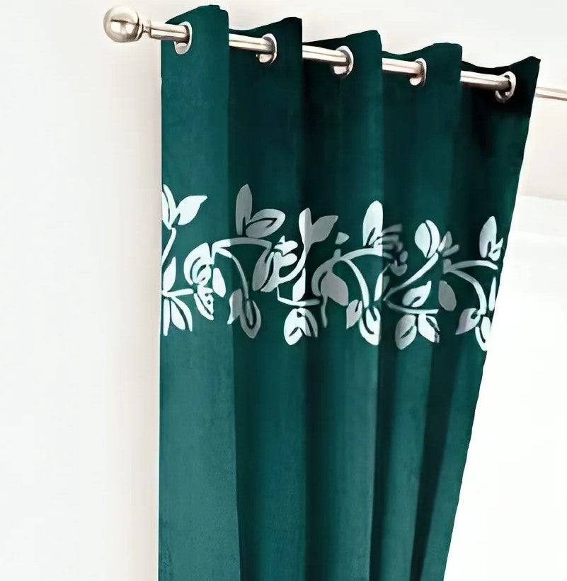 2 Pieces Luxury Floral Velvet Curtains Green