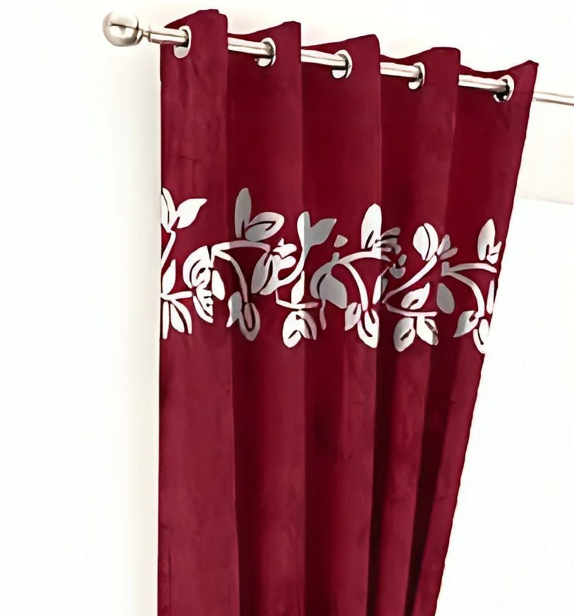 2 Pieces Luxury Floral Velvet Curtains Deep Red Wine