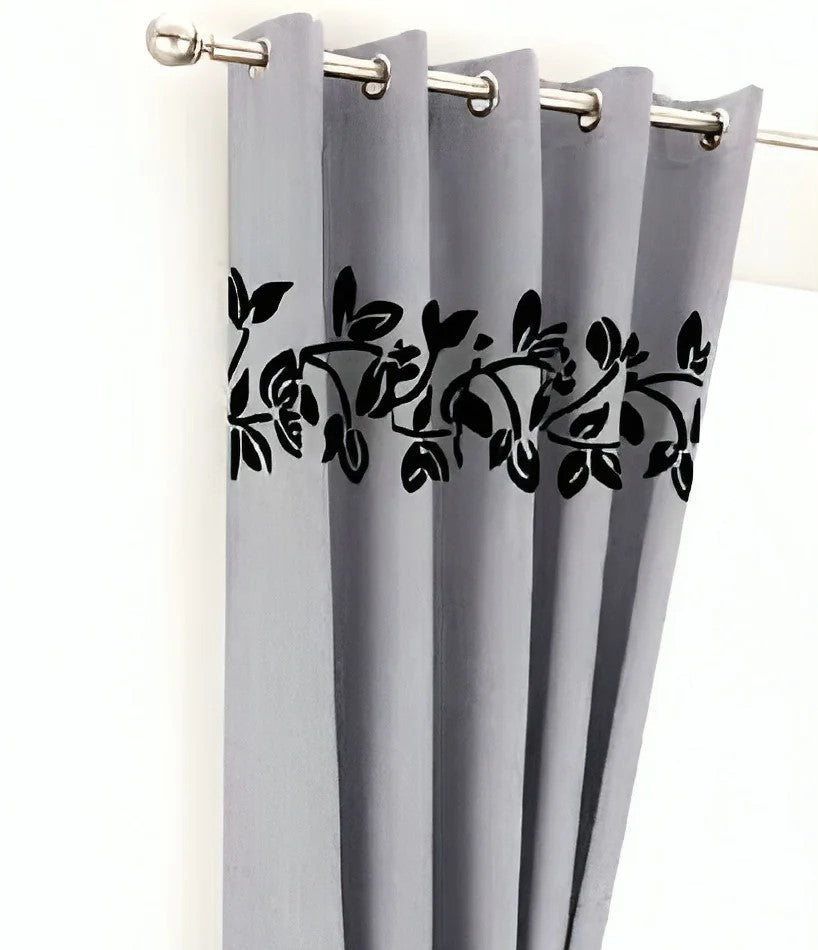 2 Pieces Luxury Floral Velvet Curtains Light Gray
