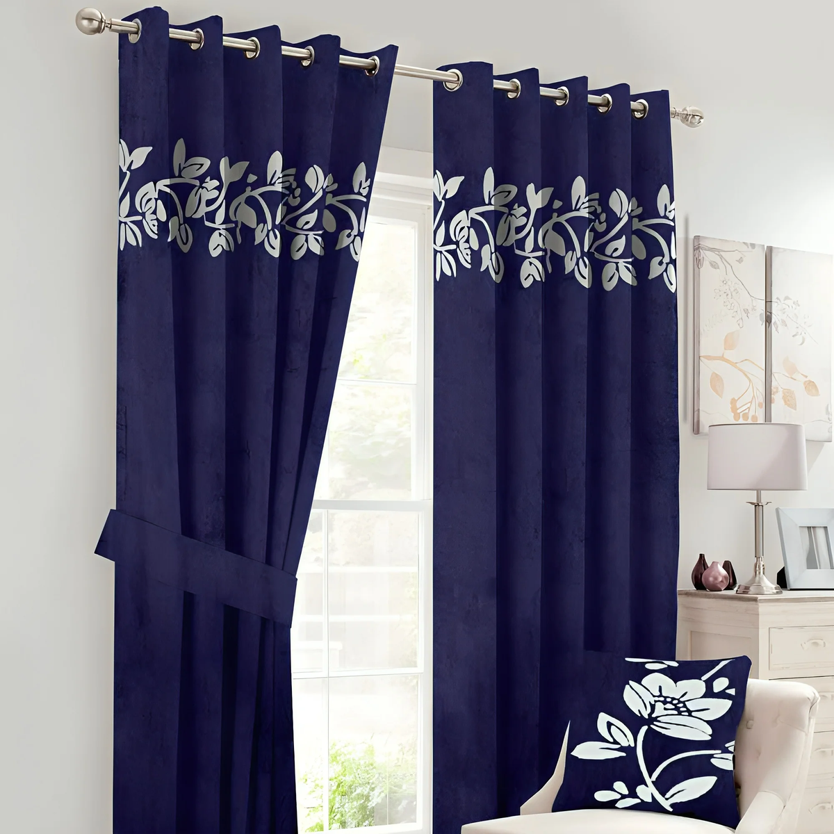 2 Pieces Luxury Floral Velvet Curtains Blue